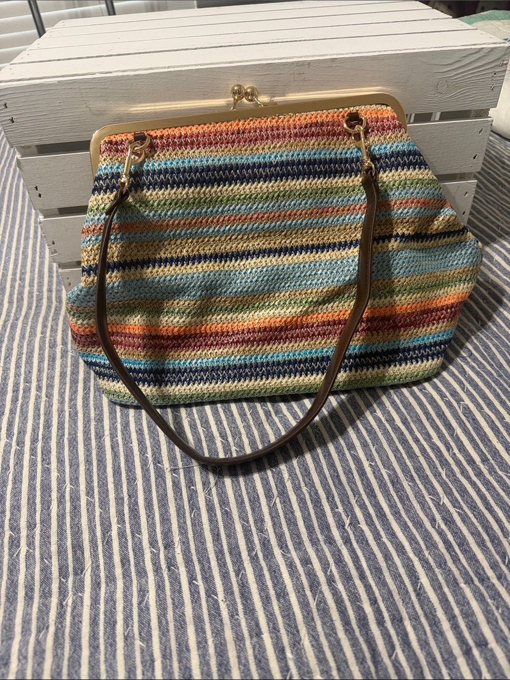 Amazon Multicolor Striped Crochet Shoulder Bag with Brown Strap
